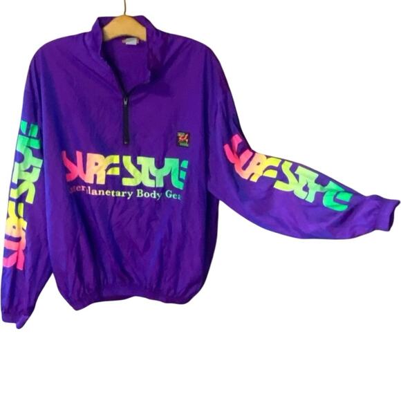 Surf Style Purple Windbreaker quarterzip pullover medium Y2K vintage retro neon - Picture 1 of 15